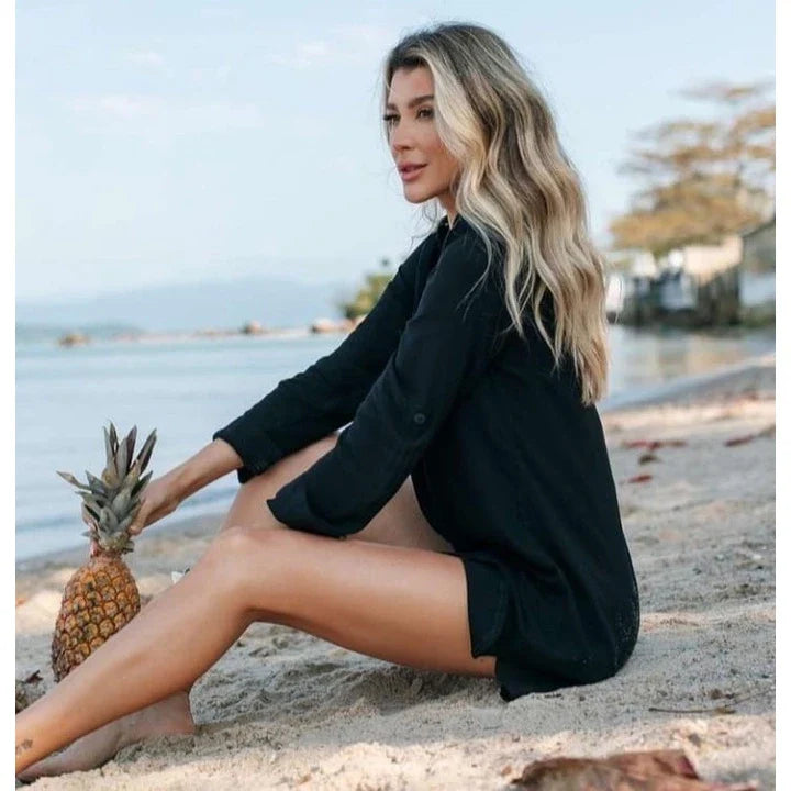 Saida de Praia Max Camisa Camisão Chemise Manga Longa Verão Leve