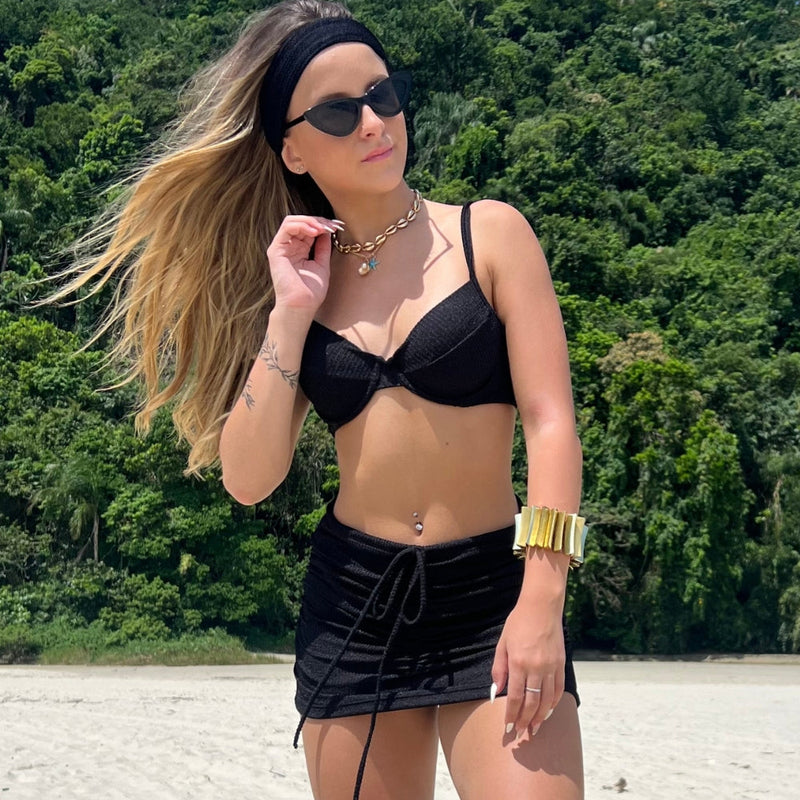 Conjunto Kit Saia Top Meia Taça Calcinha Asa Delta Ibiza Biquini Feminino Com Bojo Removivel Verão