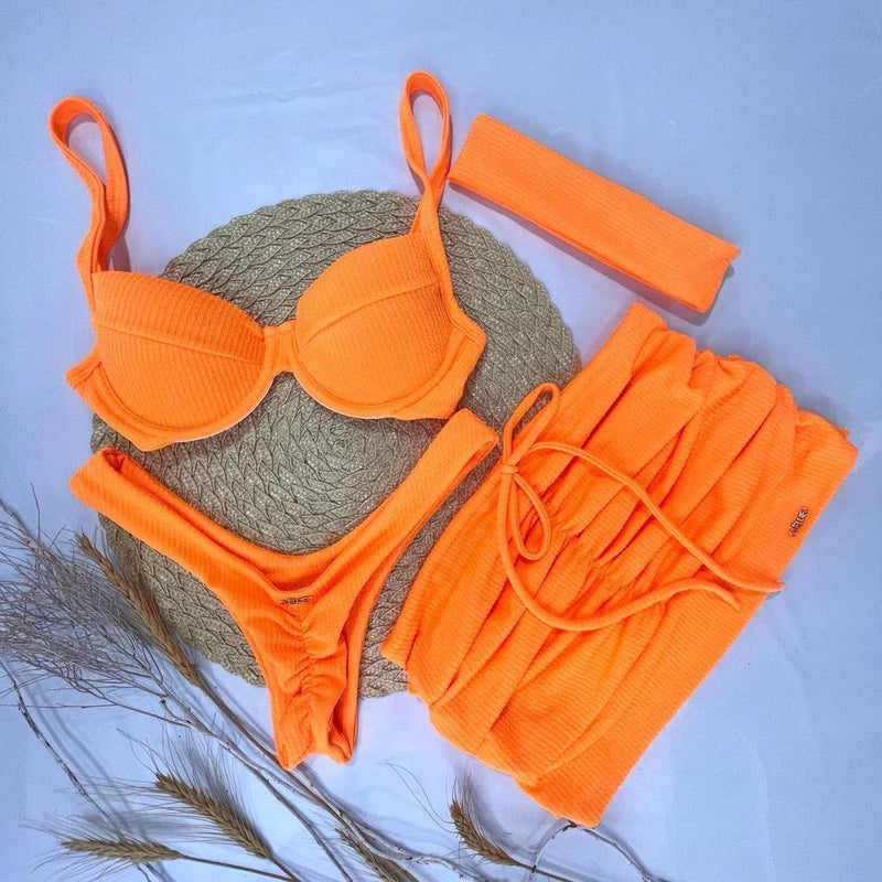 Conjunto Kit Saia Top Meia Taça Calcinha Asa Delta Ibiza Biquini Feminino Com Bojo Removivel Verão