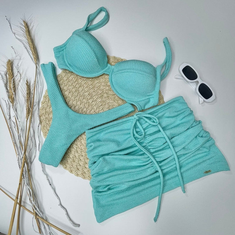 Conjunto Kit Saia Top Meia Taça Calcinha Asa Delta Ibiza Biquini Feminino Com Bojo Removivel Verão