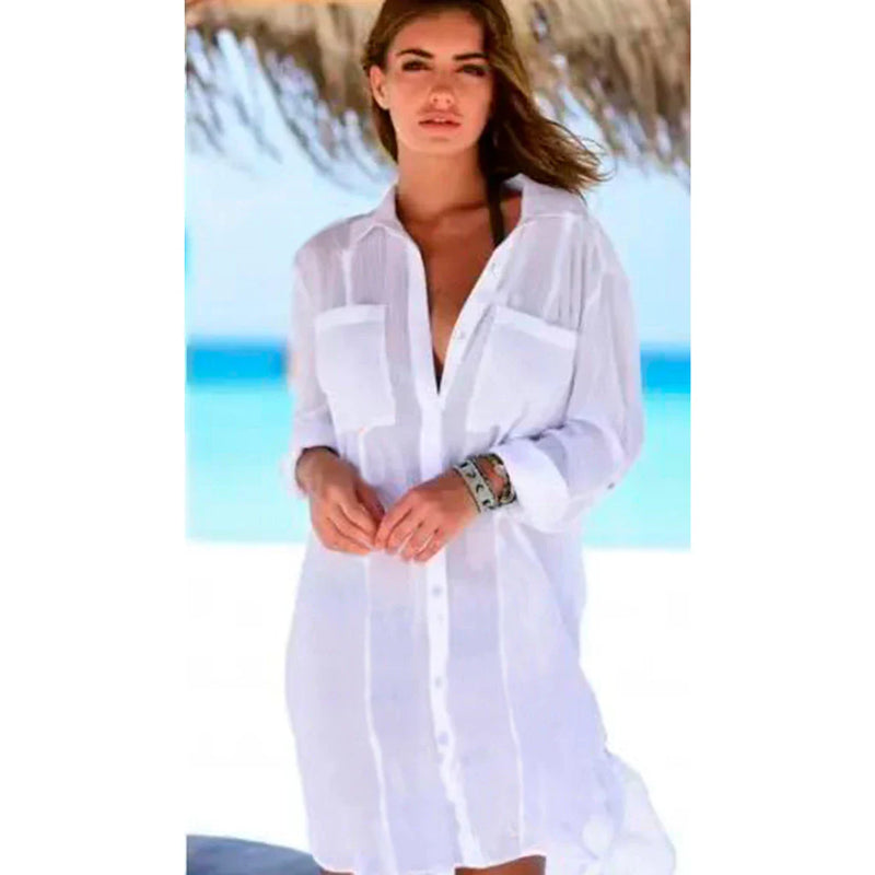 Saida de Praia Vestido Chemise Camisa Camisao - Premium Branco Manga Longa