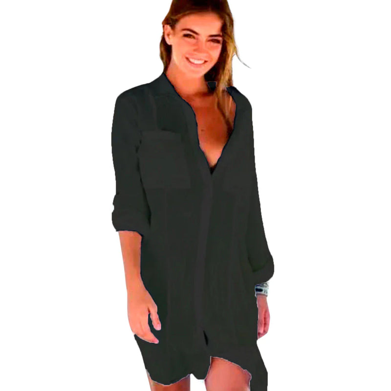 Saida de Praia Vestido Chemise Camisa Camisao - Premium Branco Manga Longa