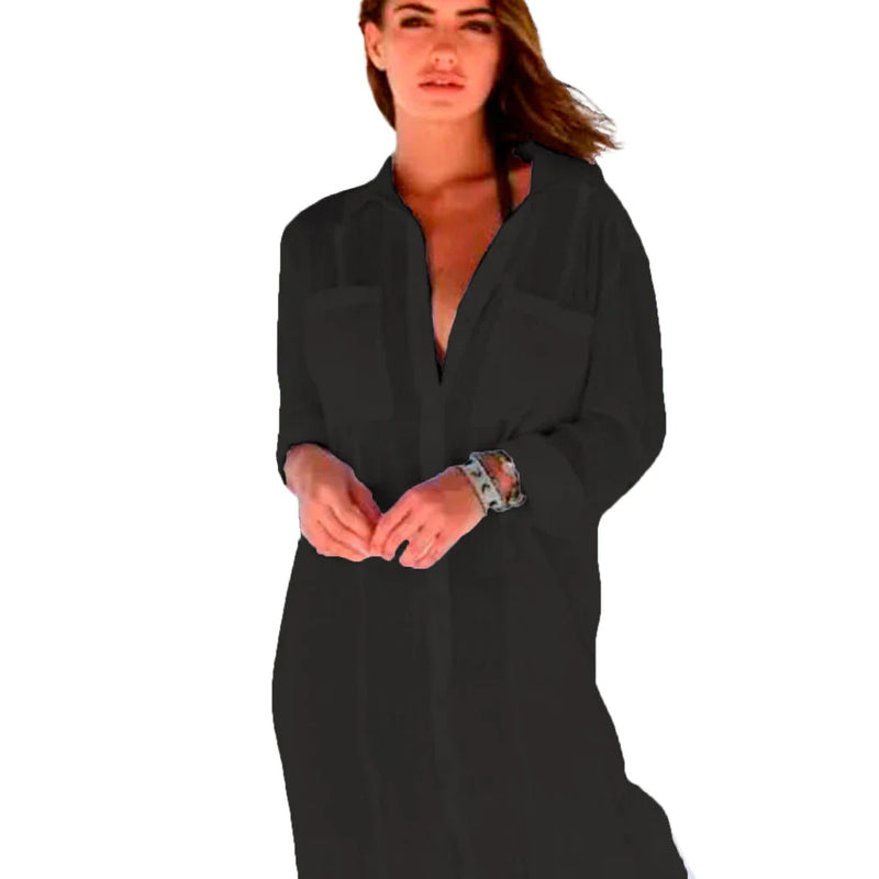 Saida de Praia Vestido Chemise Camisa Camisao - Premium Branco Manga Longa